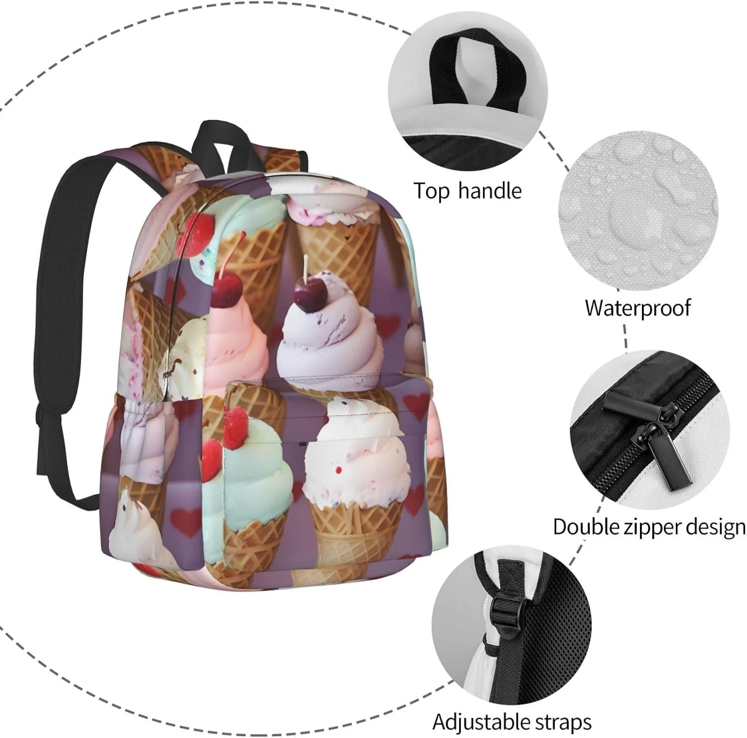 Laptop Backpack for Men Women Lightweight Backpack Ice Cream Cones Casual Daypack with Bottle Side Pockets