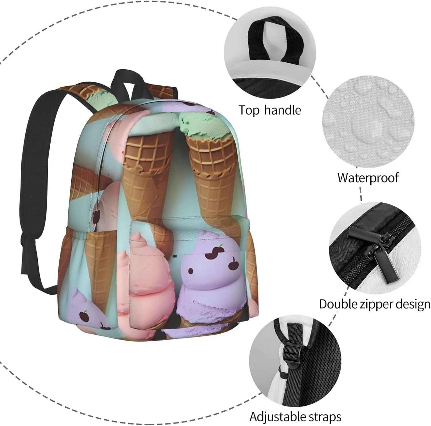 Laptop Backpack for Men Women Lightweight Backpack Ice Cream Cones1 Casual Daypack with Bottle Side Pockets