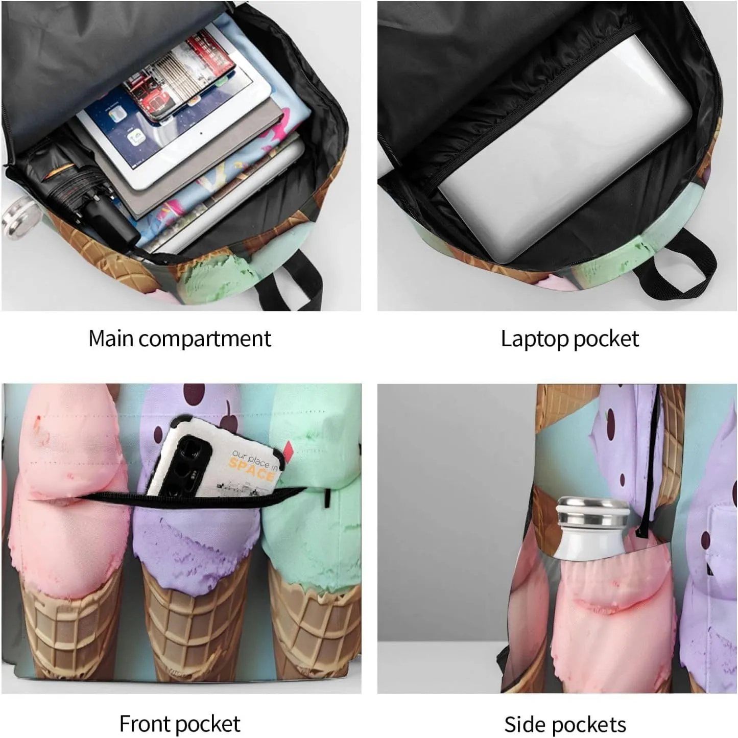 Laptop Backpack for Men Women Lightweight Backpack Ice Cream Cones1 Casual Daypack with Bottle Side Pockets