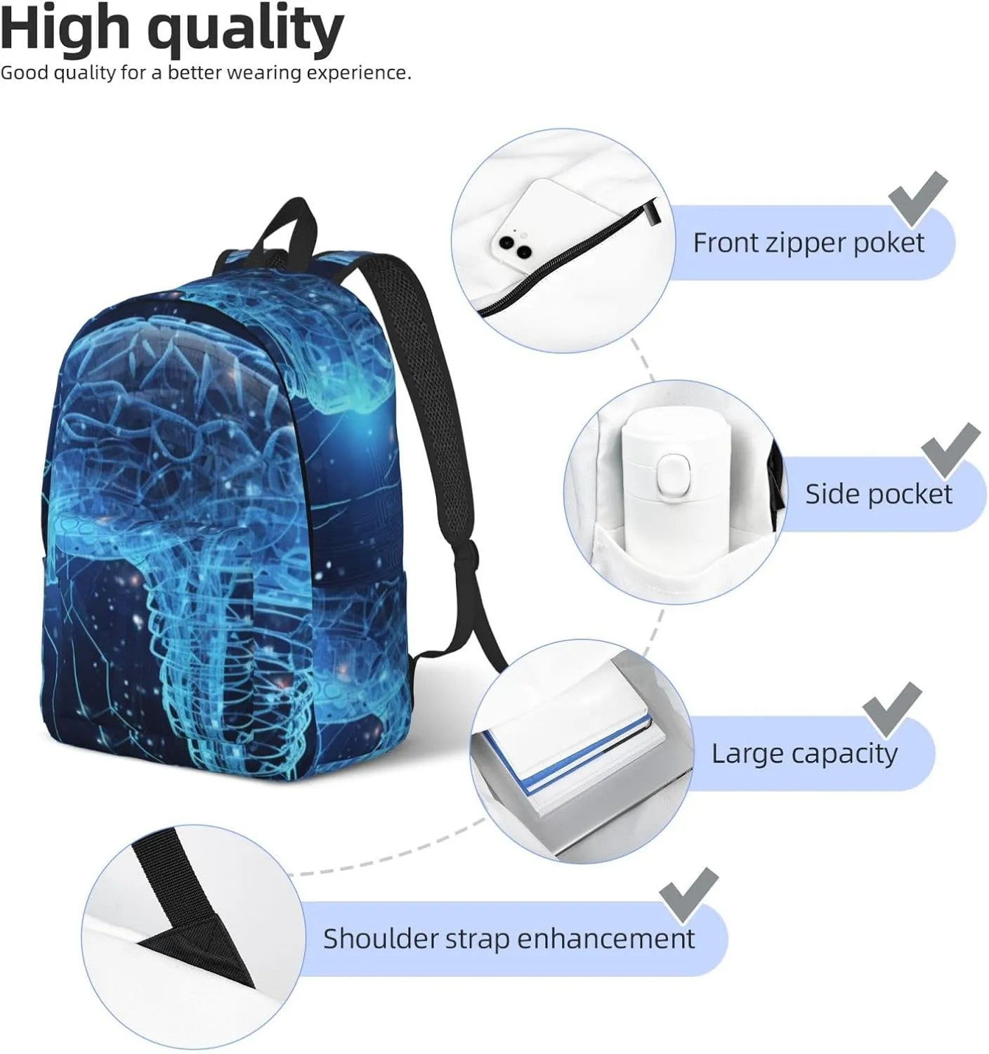 Laptop Backpack for Men Women Lightweight Backpack Intelligence Brain Casual Daypack with Bottle Side Pockets