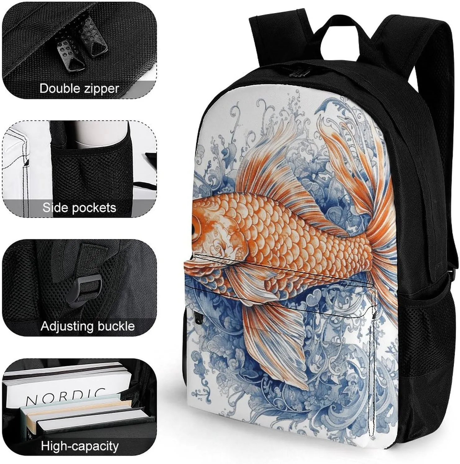 Laptop Backpack for Men Women Lightweight Backpack Orange Fish Daypack Rucksack with Compartment Laptop Bag