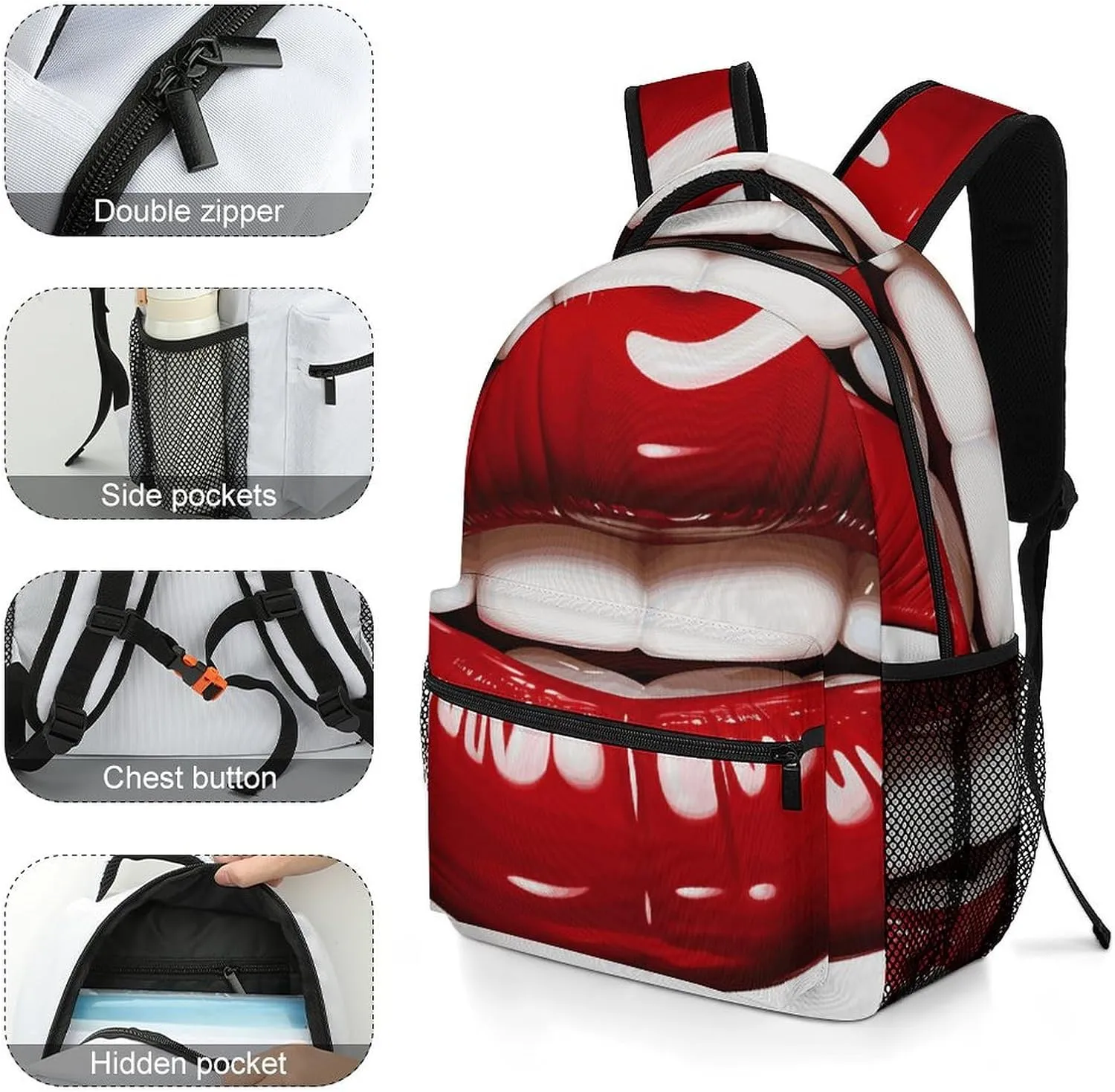 Laptop Backpack for Men Women Lightweight Daypack with Compartment Rucksack Cute Graphic Red Lips Laptop Bag