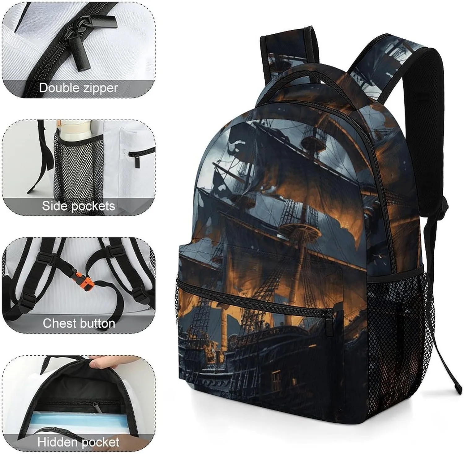 Laptop Backpack for Men Women Lightweight Daypack with Compartment Rucksack Pirate Sailboat Full Moon_78728436 Laptop Bag