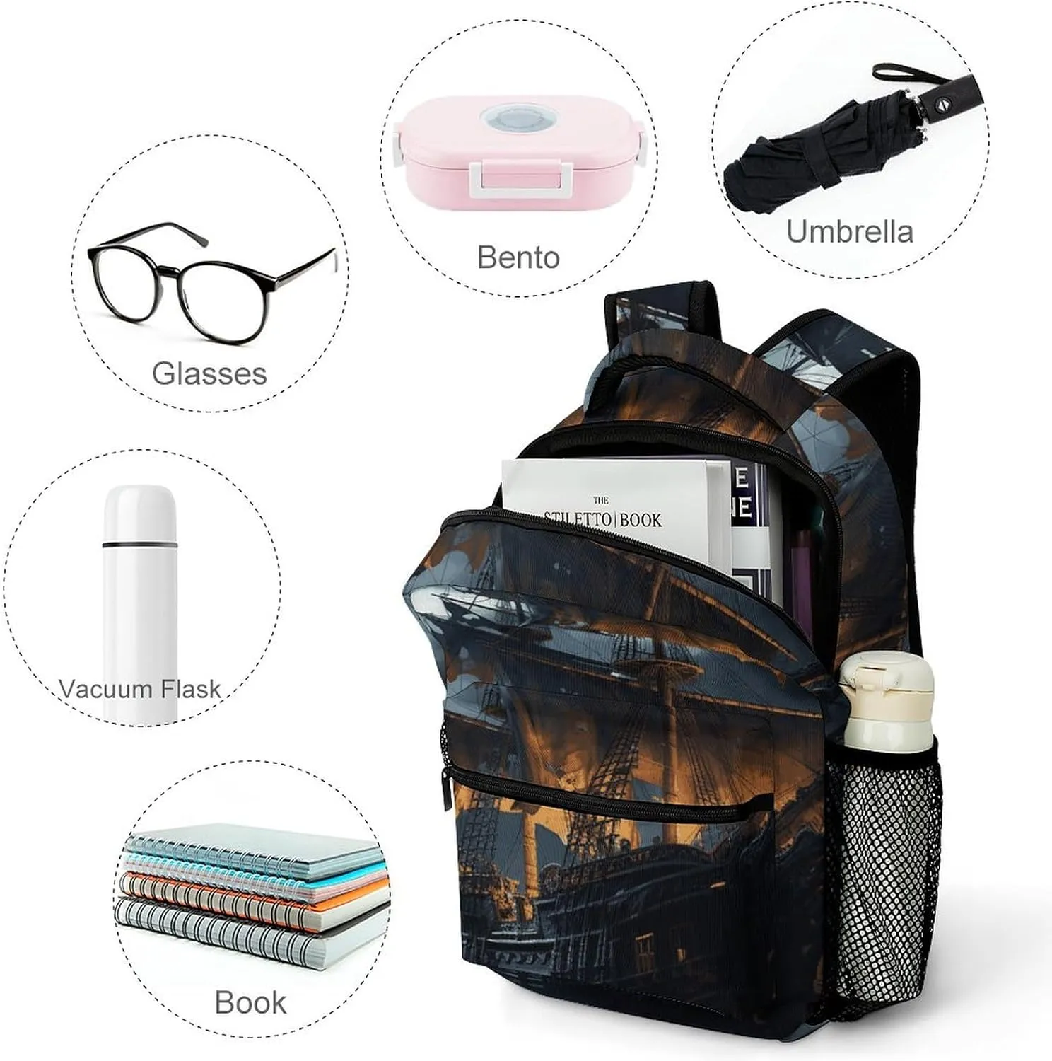 Laptop Backpack for Men Women Lightweight Daypack with Compartment Rucksack Pirate Sailboat Full Moon_78728436 Laptop Bag
