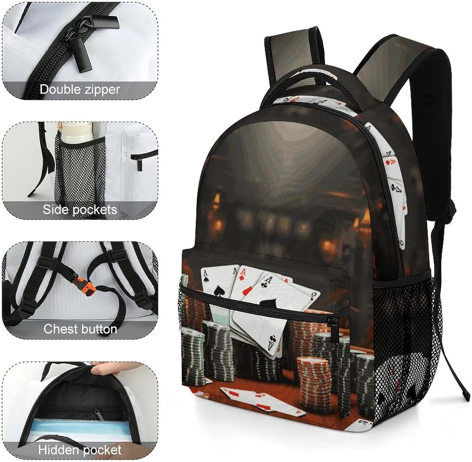 Laptop Backpack for Men Women Lightweight Daypack with Compartment Rucksack Poker Tournament Laptop Bag