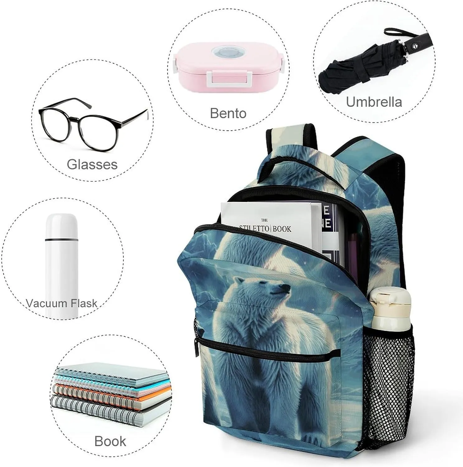 Laptop Backpack for Men Women Lightweight Daypack with Compartment Rucksack Polar Bears Northern Lights Laptop Bag