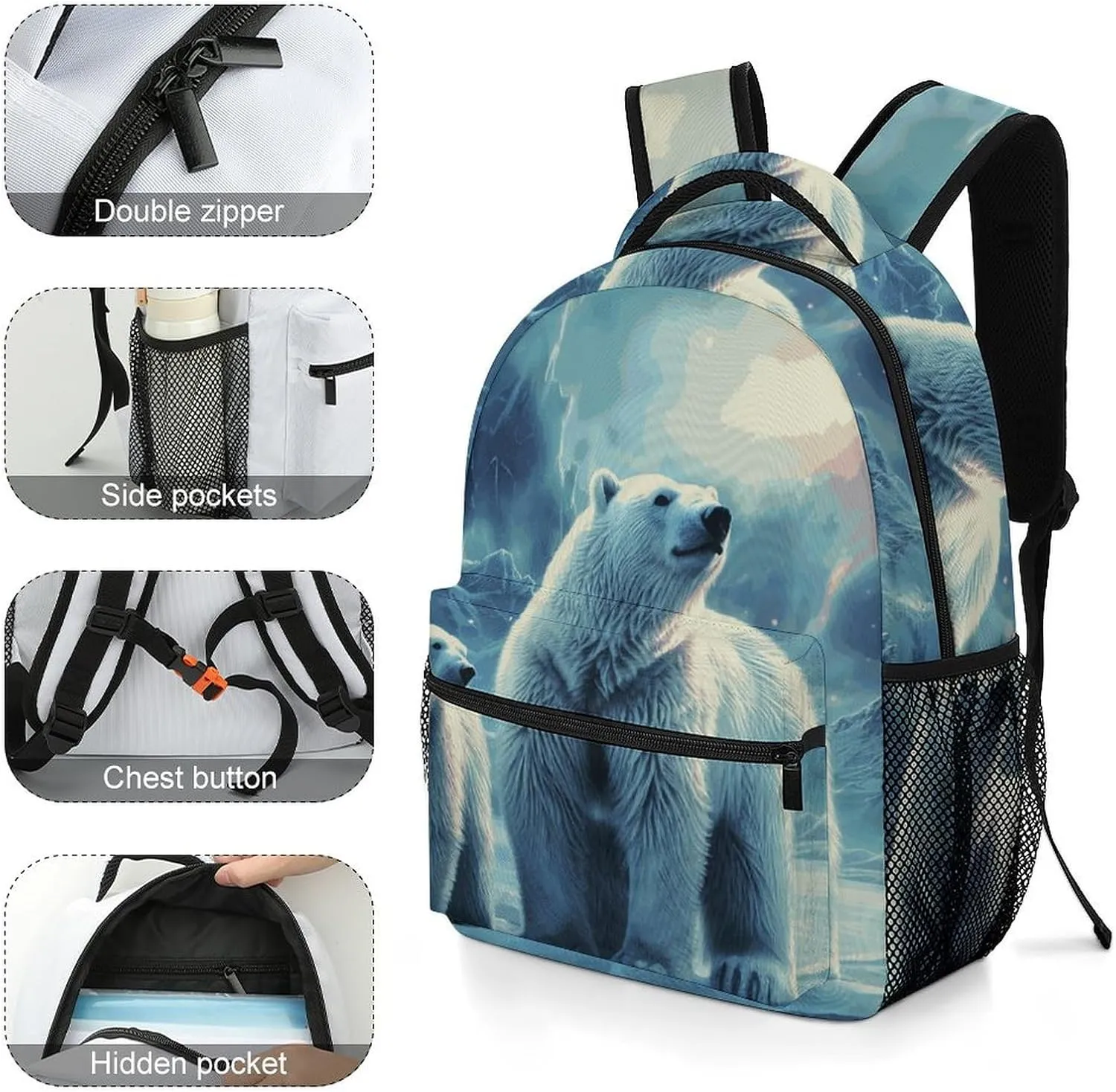 Laptop Backpack for Men Women Lightweight Daypack with Compartment Rucksack Polar Bears Northern Lights Laptop Bag