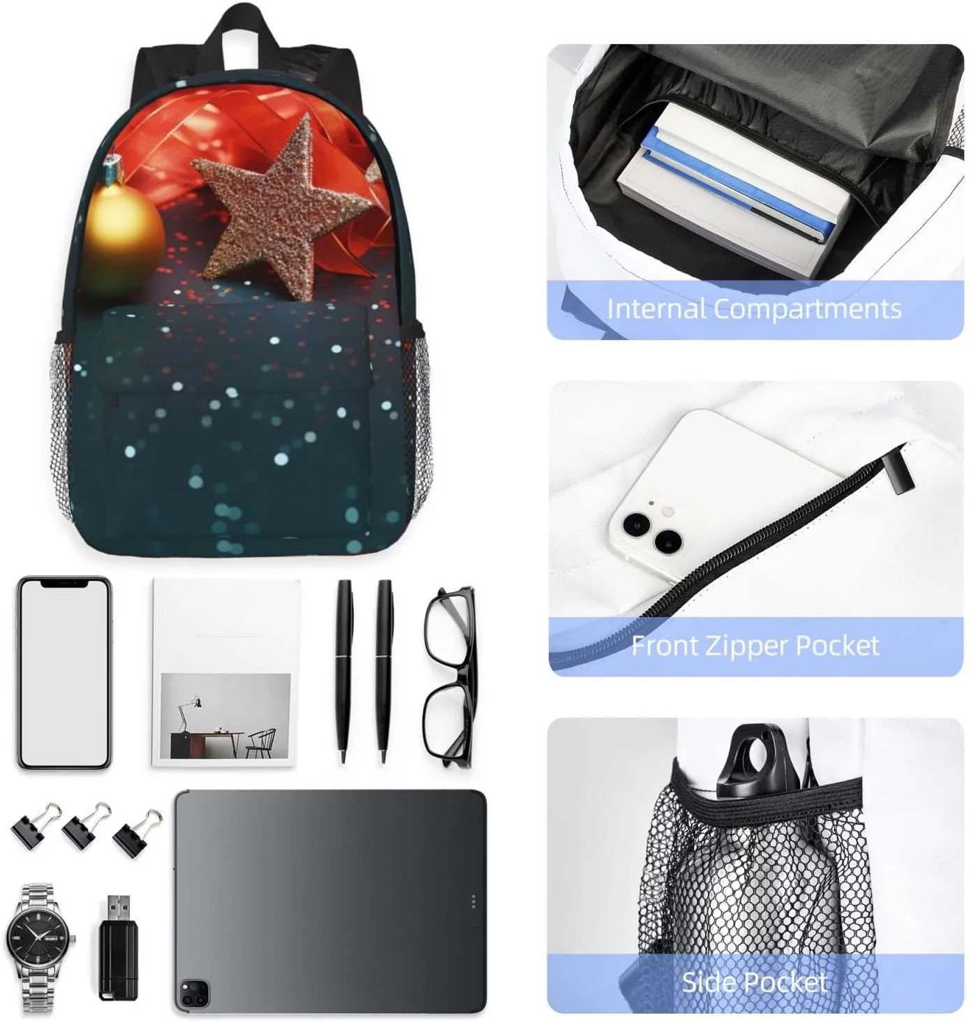 Laptop Backpack Lightweight Backpack for Men Women Daypack Christmas lights background Laptop Bag Casual Backpack for Travel