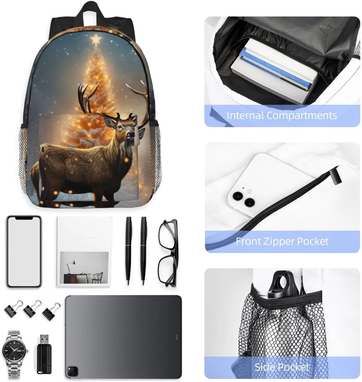 Laptop Backpack Lightweight Backpack for Men Women Daypack Christmas Tree and Deer Laptop Bag Casual Backpack for Travel