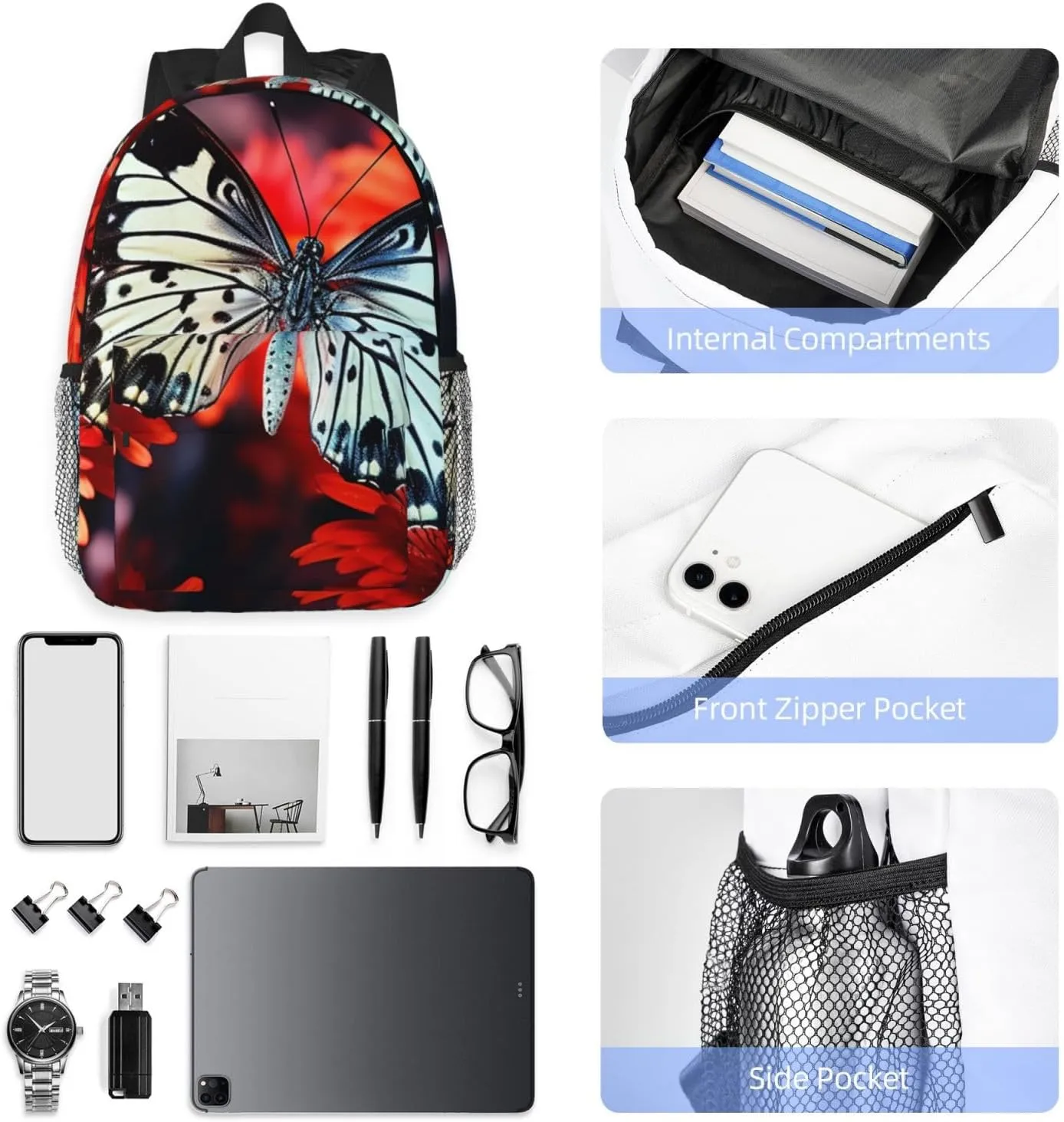 Laptop Backpack Lightweight Backpack for Men Women Daypack Colorful Flowers Butterflies Laptop Bag Casual Backpack for Travel