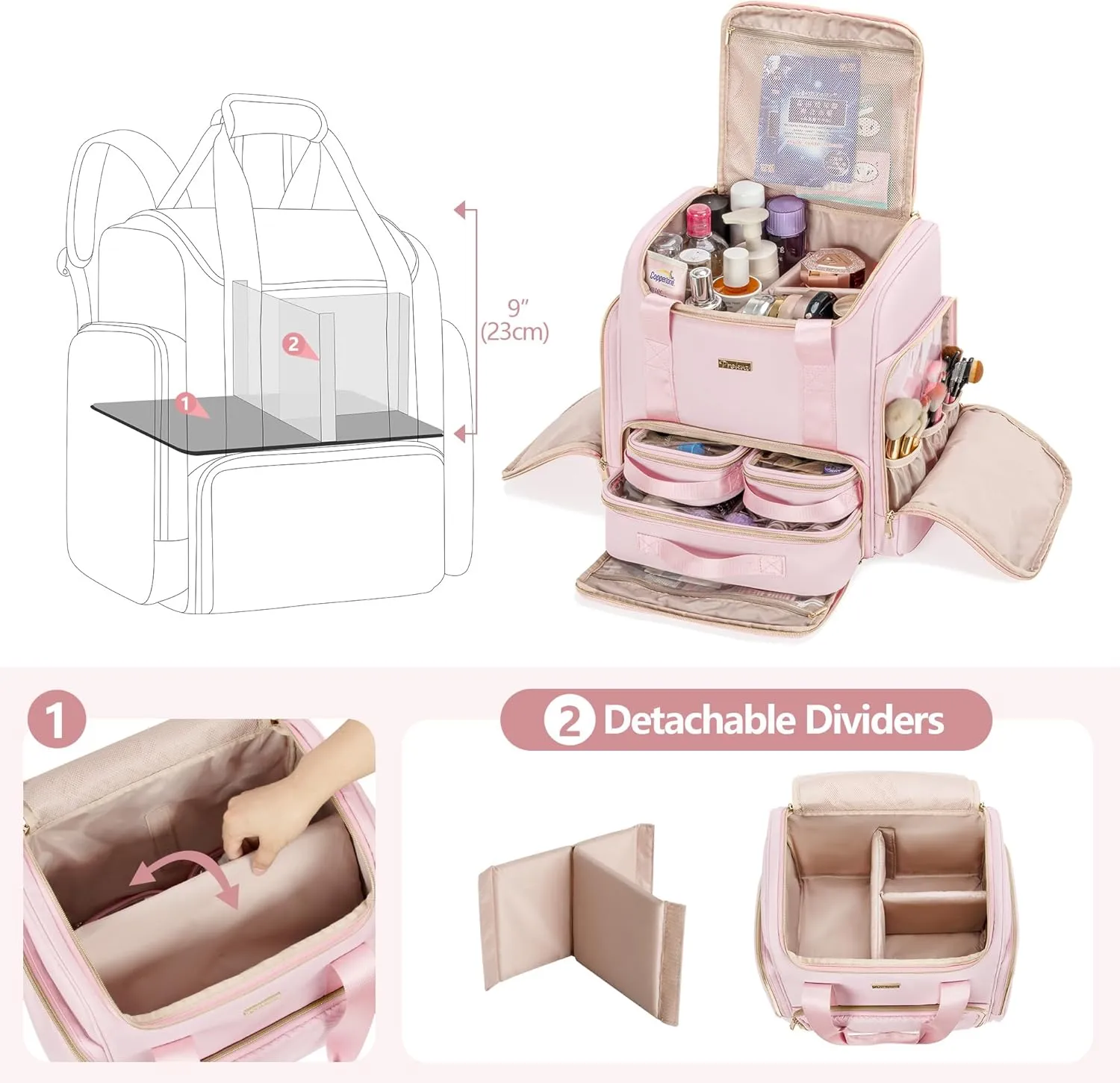 Large Makeup Backpack with 3 Clear Makeup Bags, Double Layers Professional Makeup Travel Case with Brushes Storage Section for Makeup Artists