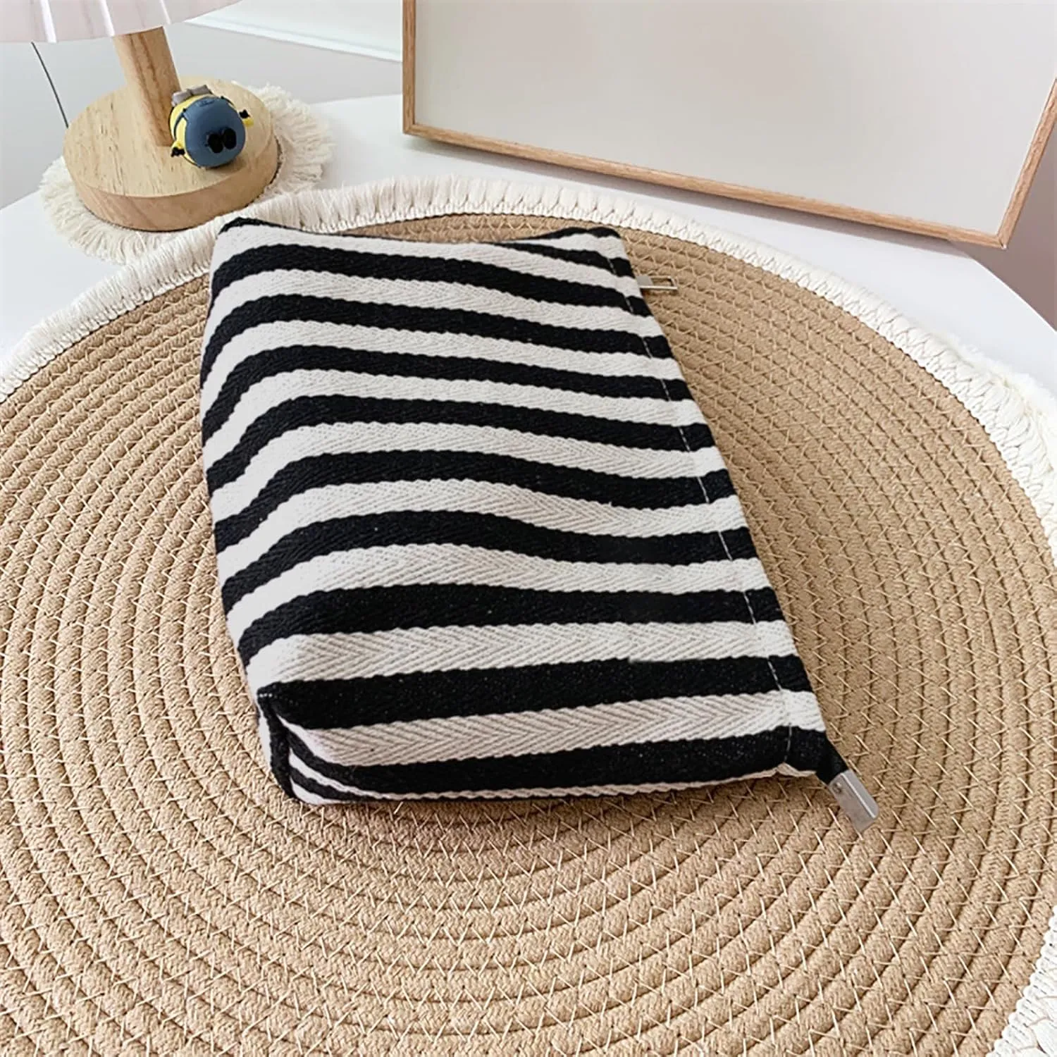 Large Stripe Makeup Bag Cosmetic Toiletry Travel Pouch, Purse Organizer, Canvas Lined, Black White, Large
