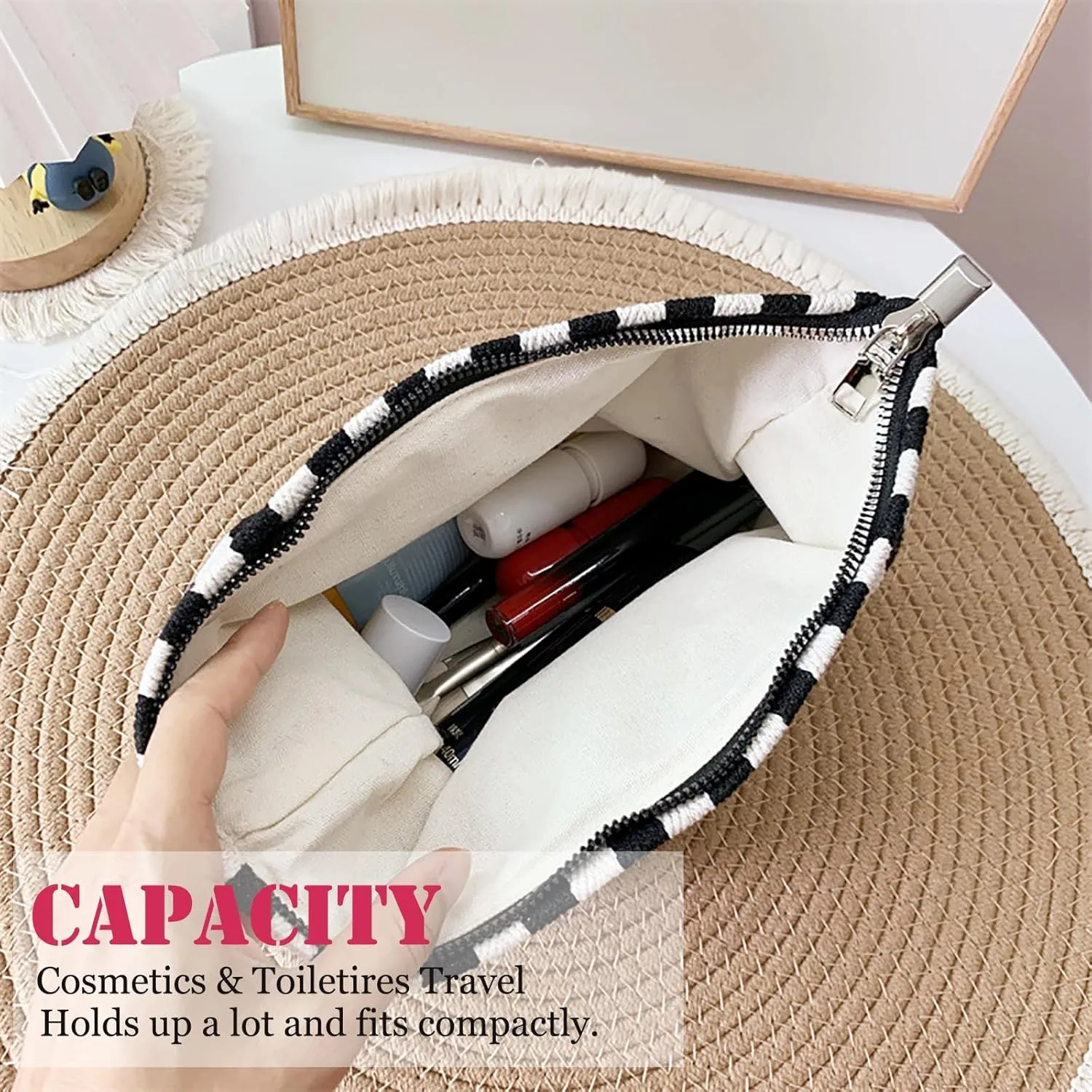 Large Stripe Makeup Bag Cosmetic Toiletry Travel Pouch, Purse Organizer, Canvas Lined, Black White, Large