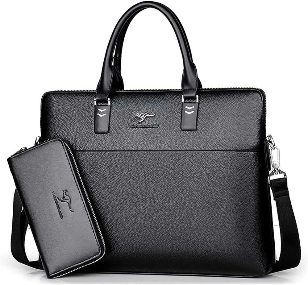 Leather Briefcase Shoulder Crossbody Laptop Business Bag for Men Slim Messenger Bag Tote Handbags (TH001-4 black   wallet)