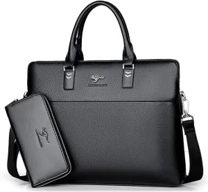 Leather Briefcase Shoulder Crossbody Laptop Business Bag for Men Slim Messenger Bag Tote Handbags (TH001-4 black   wallet)