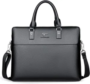 Leather Briefcase Shoulder Crossbody Laptop Business Bag for Men Slim Messenger Bag Tote Handbags (TH001-4 black)