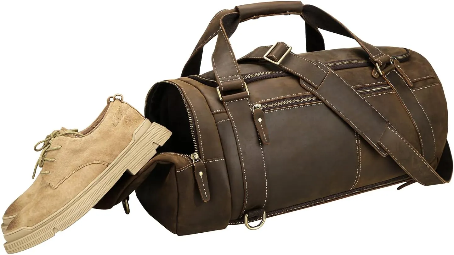 Leather Duffel Backpack - with Shoe Compartment - Perfect for Travel, Hiking, Weekend, Gym, Overnight, Garment, Duffle Bag - 34L Capacity - Brown