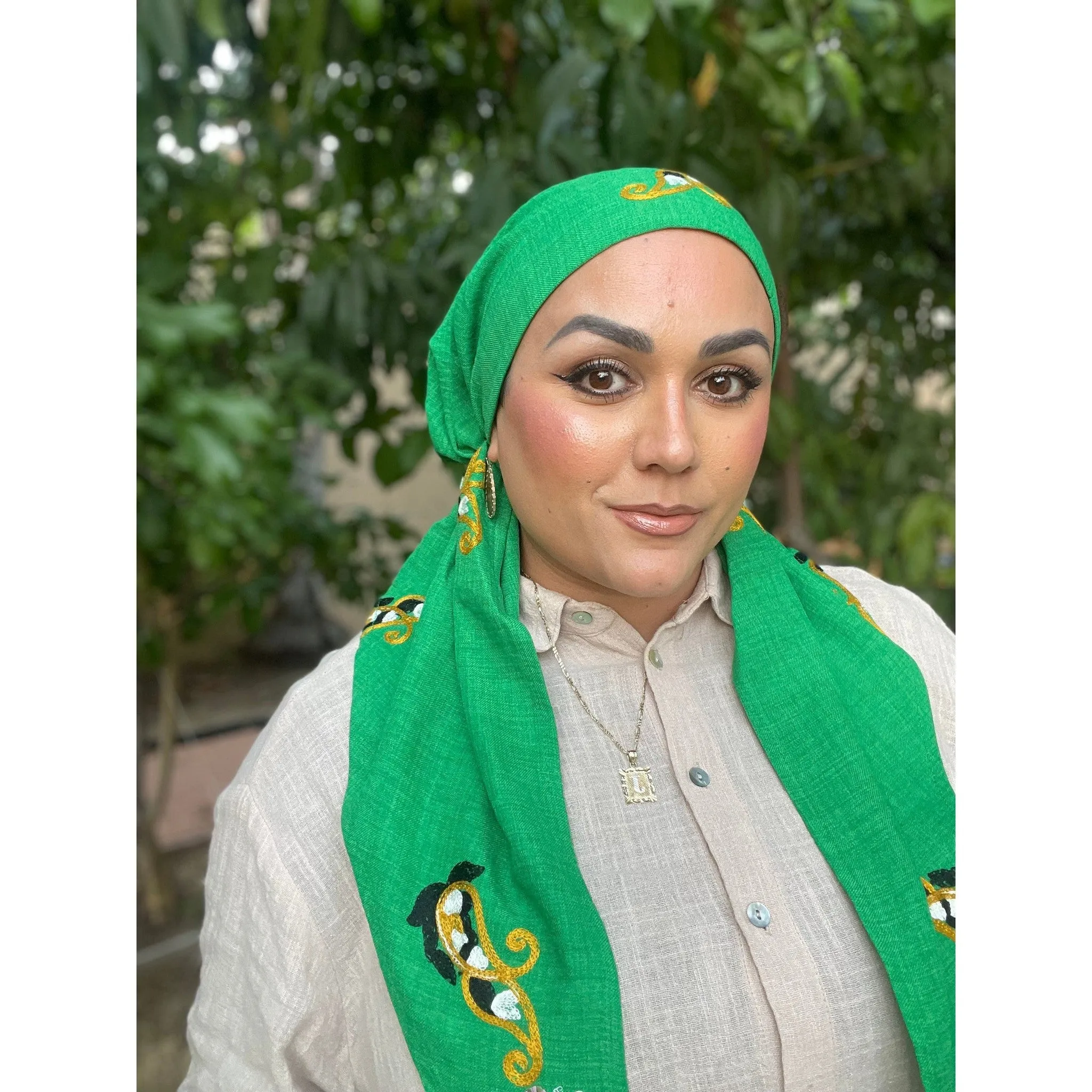Linen Embroidered Pretied w/ VELVET HEADBAND & Adjustable Circumference - Green