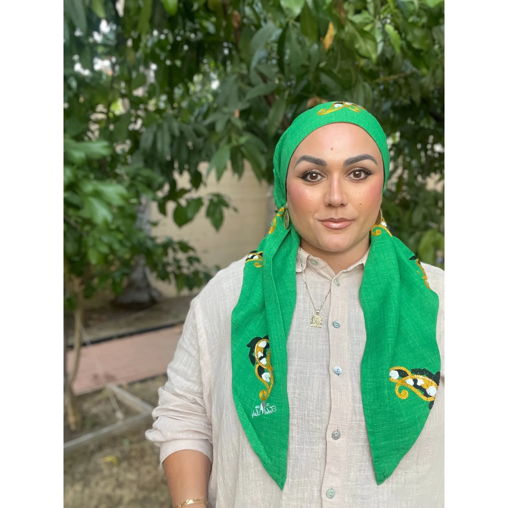Linen Embroidered Pretied w/ VELVET HEADBAND & Adjustable Circumference - Green