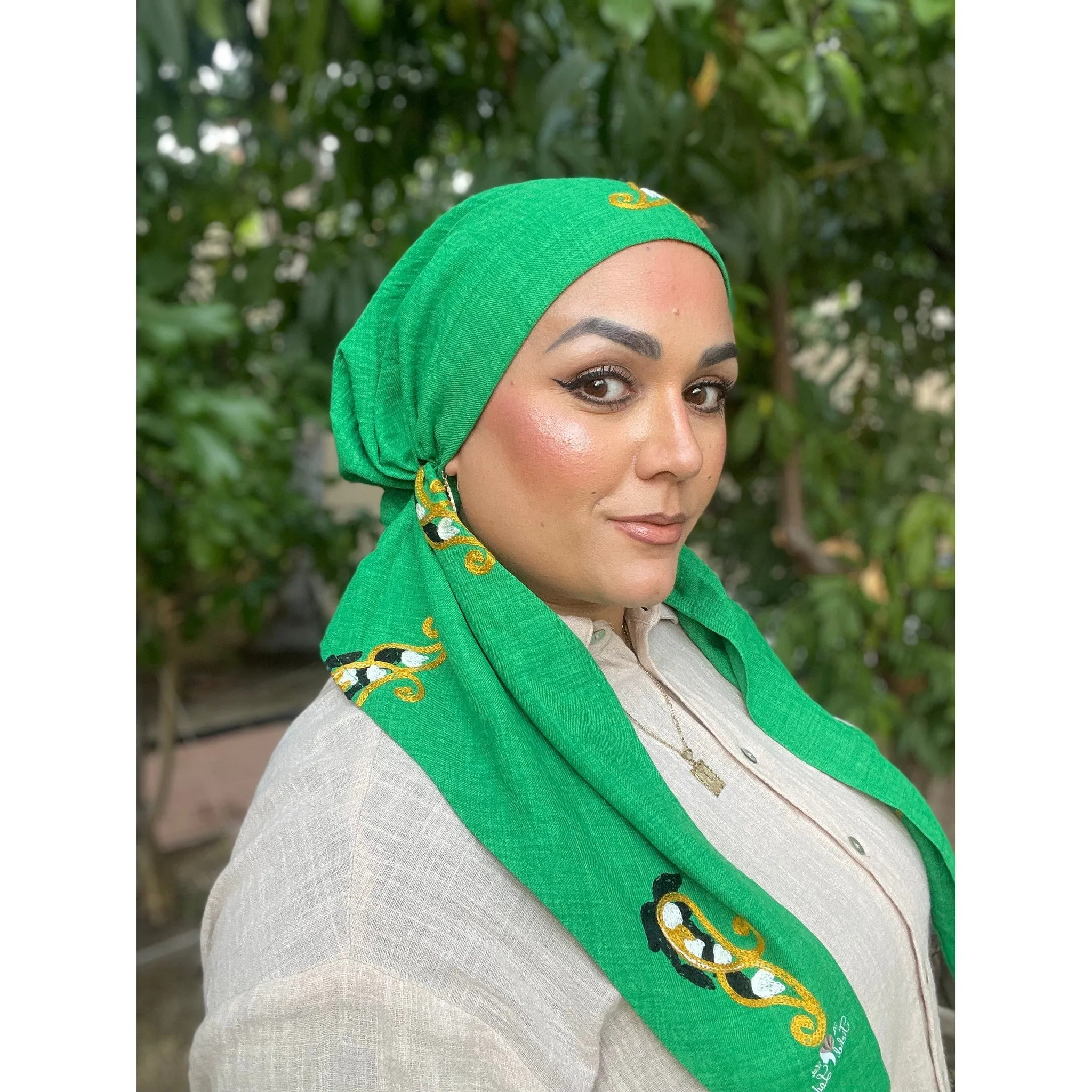 Linen Embroidered Pretied w/ VELVET HEADBAND & Adjustable Circumference - Green