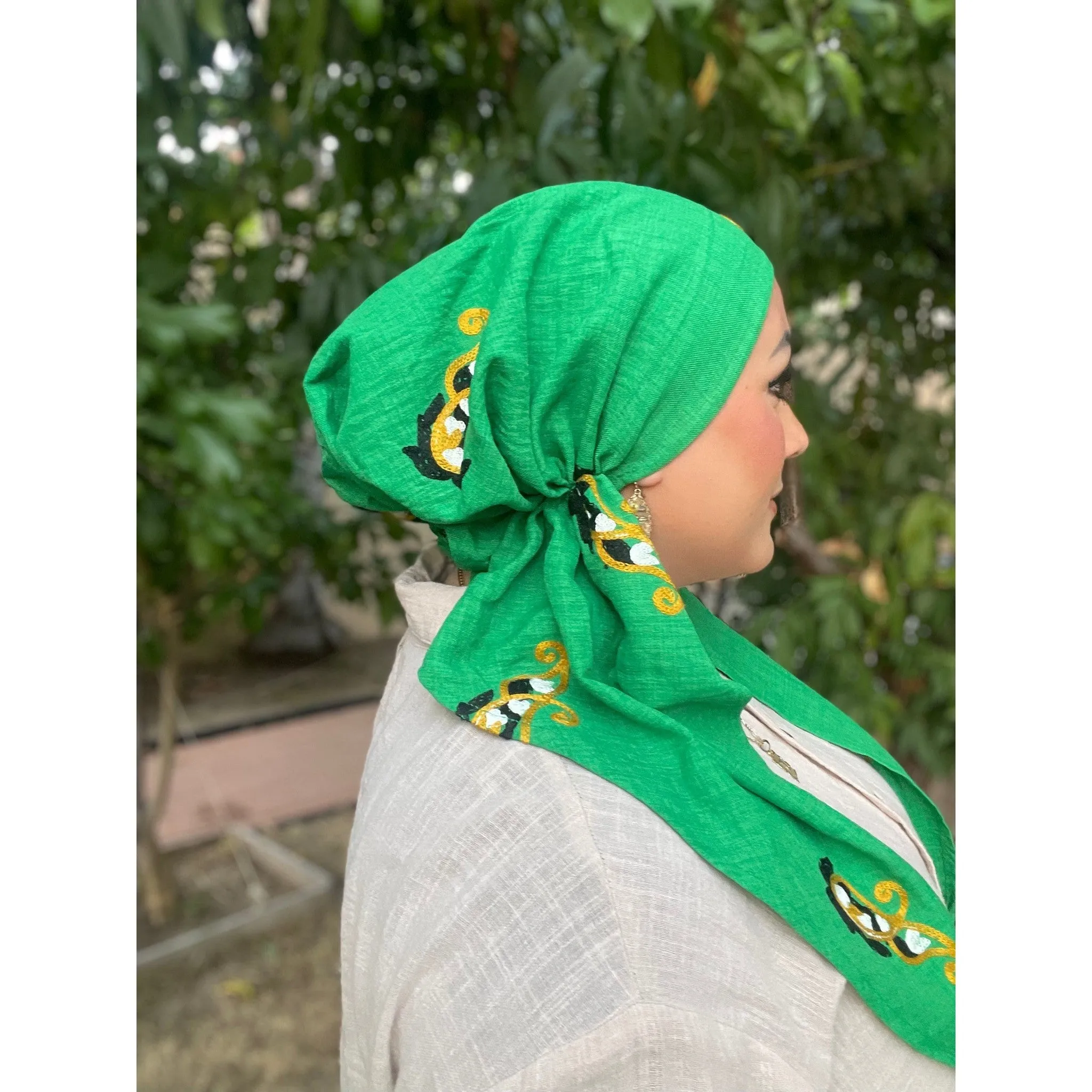 Linen Embroidered Pretied w/ VELVET HEADBAND & Adjustable Circumference - Green