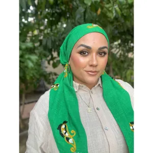Linen Embroidered Pretied w/ VELVET HEADBAND & Adjustable Circumference - Green
