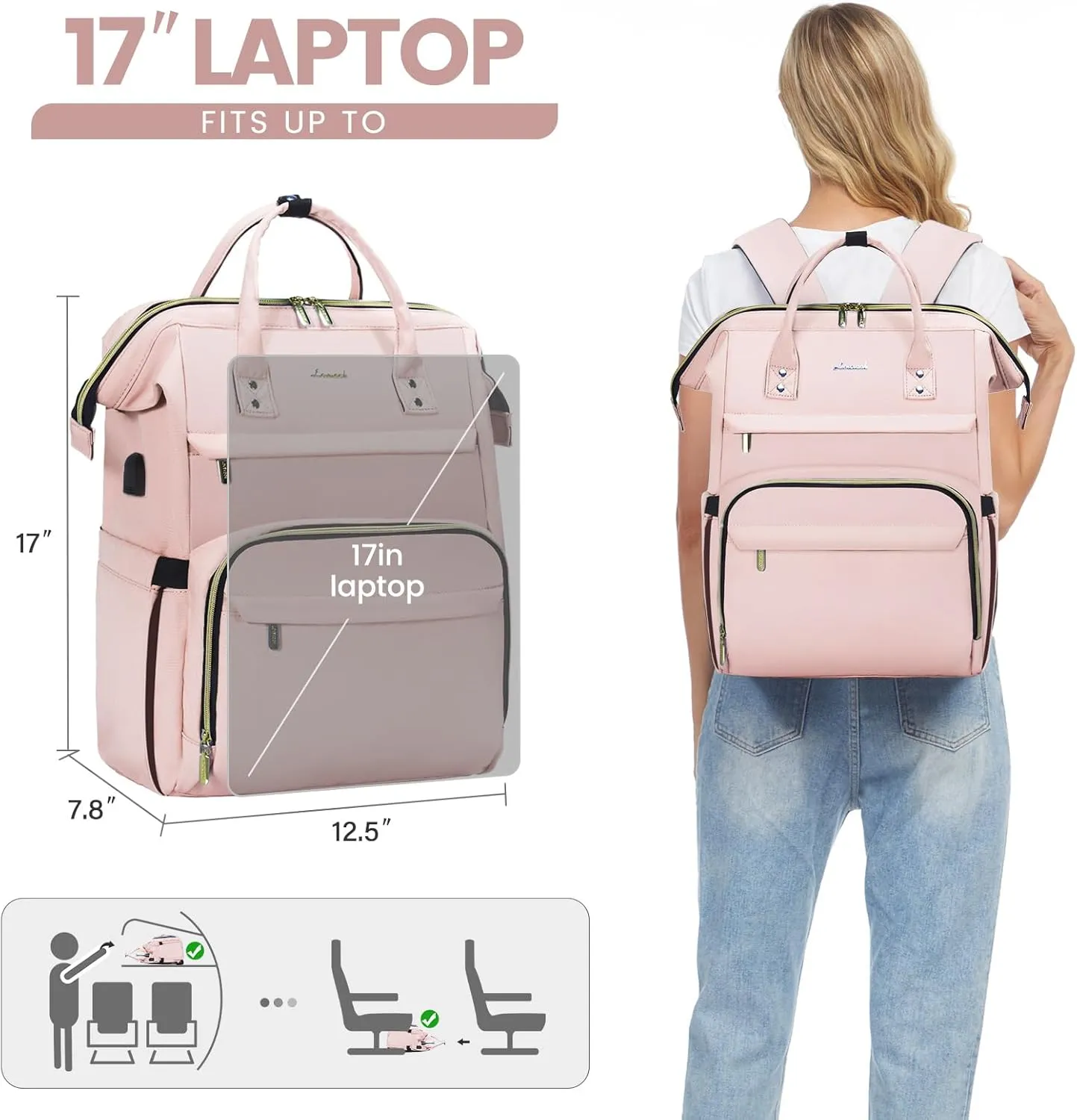 LOVEVOOK Laptop Backpack for Women,17 Inch Professional Womens Travel Backpack Purse Computer Laptop Bag Nurse Teacher Backpack,Waterproof College Work Bags Carry on Back Pack with USB Port, Pink