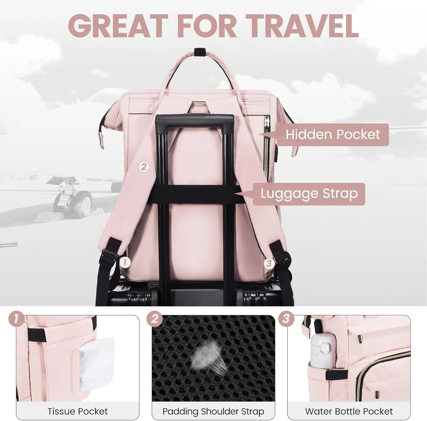LOVEVOOK Laptop Backpack for Women,17 Inch Professional Womens Travel Backpack Purse Computer Laptop Bag Nurse Teacher Backpack,Waterproof College Work Bags Carry on Back Pack with USB Port, Pink