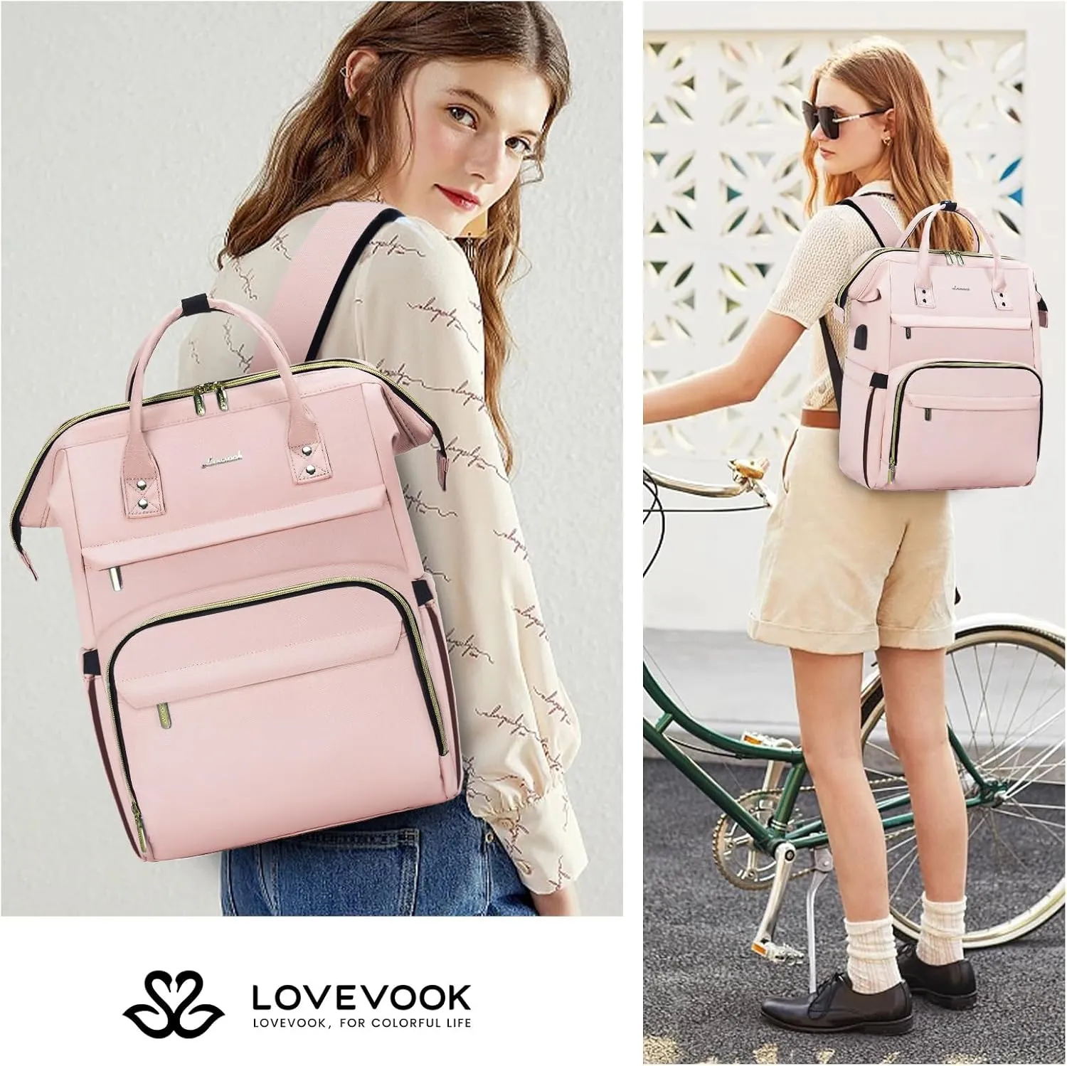 LOVEVOOK Laptop Backpack for Women,17 Inch Professional Womens Travel Backpack Purse Computer Laptop Bag Nurse Teacher Backpack,Waterproof College Work Bags Carry on Back Pack with USB Port, Pink