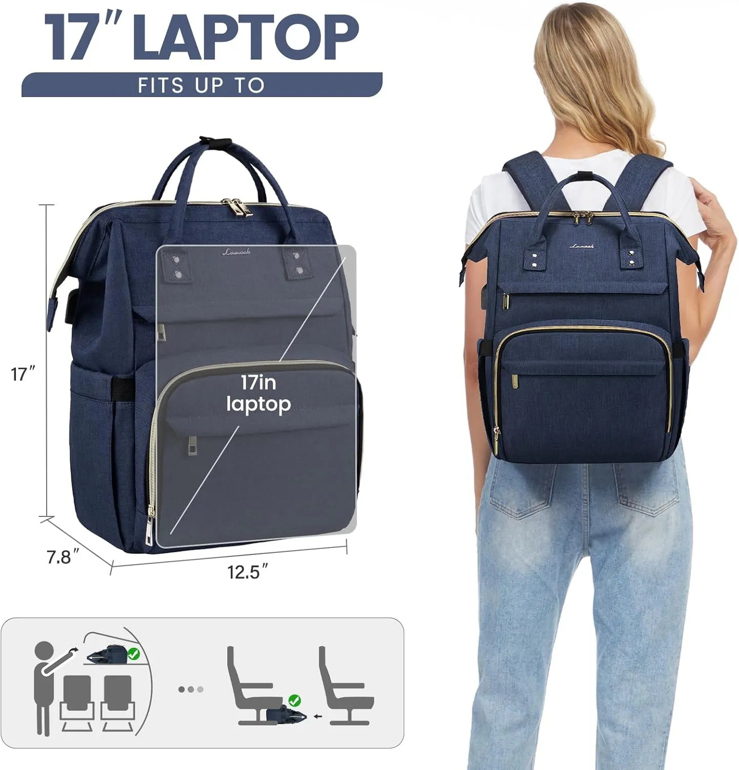 LOVEVOOK Laptop Backpack for Women,17 Inch Professional Womens Travel Backpack Purse Computer Laptop Bag Nurse Teacher Backpack,Waterproof College Work Bags Carry on Back Pack with USB Port,Dark Blue