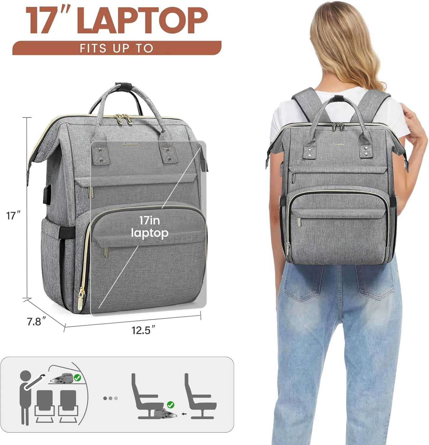LOVEVOOK Laptop Backpack for Women,17 Inch Professional Womens Travel Backpack Purse Computer Laptop Bag Nurse Teacher Backpack,Waterproof College Work Bags Carry on Back Pack with USB Port,Grey