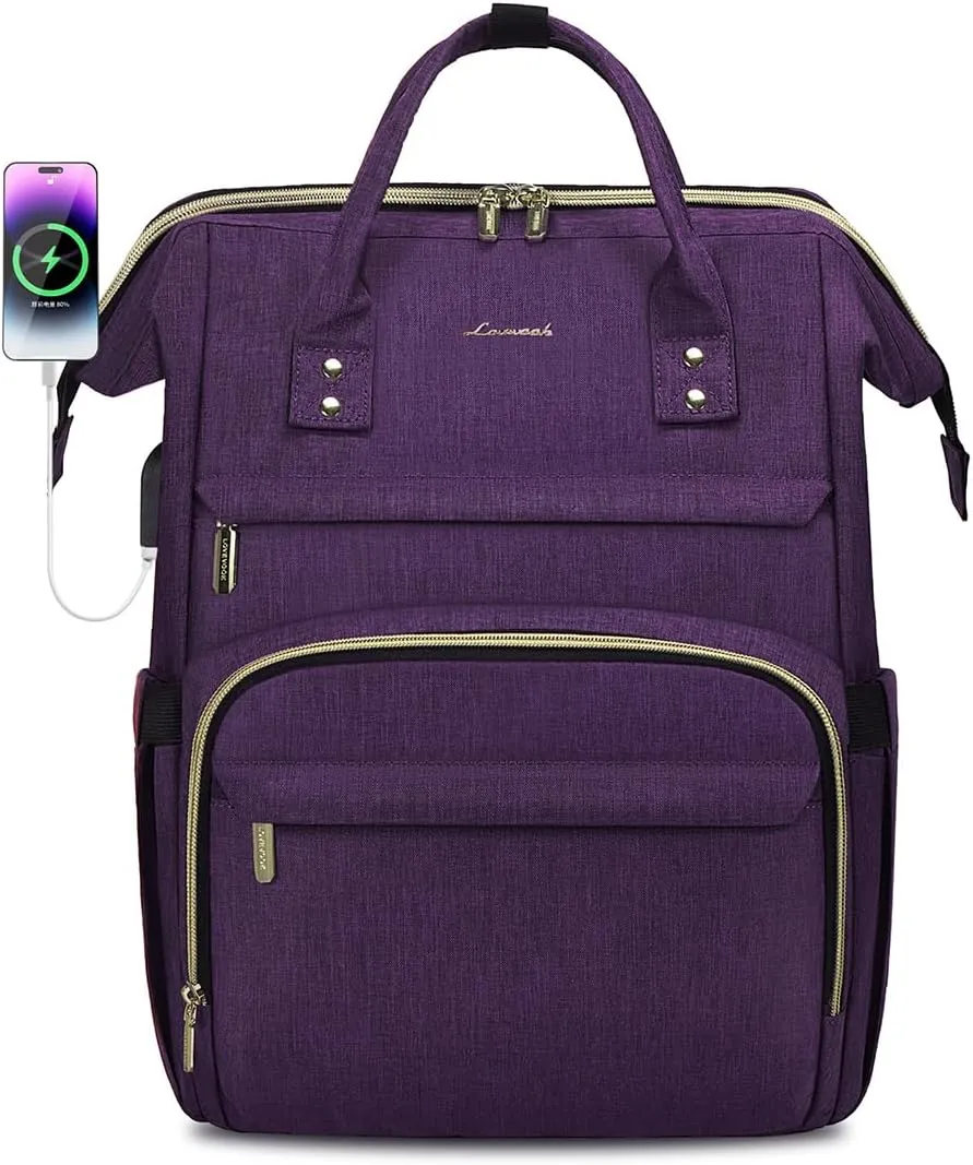 LOVEVOOK Laptop Backpack for Women,18 Inch Professional Womens Travel Backpack Purse Computer Laptop Bag Nurse Teacher Backpack,Waterproof College Work Bag Carry on Back Pack with USB Port,Dark Purple