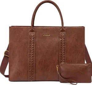 LOVEVOOK Laptop Tote Bag for Women, Vintage Leather Work Bag With Cup Holder, Waterproof Computer Purse, Professional Briefcase Office Shoulder Handbag, 15.6 Inch, Brown