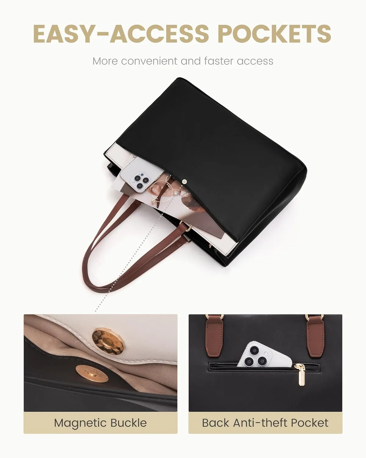 LOVEVOOK Laptop Tote Bag for Women, Work Bags Teacher Tote Bag, Waterproof Leather Computer Bag, Business Laptop Purse Office Handbag Professional Briefcase, Black-Beige-Brown, 15.6 Inch