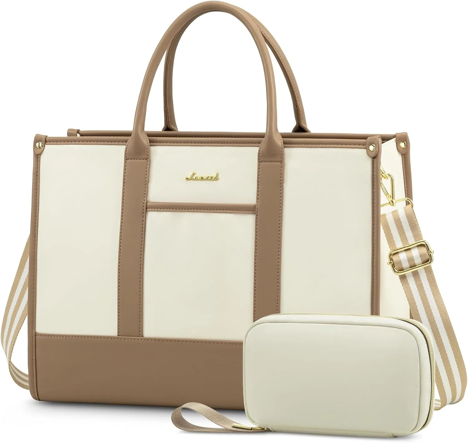 LOVEVOOK Laptop Tote Bags for Women Canvas Work Bag 15.6 inch Large Professional Teacher Purse Lightweight Computer Bag Briefcase Business Office, Beige-nude