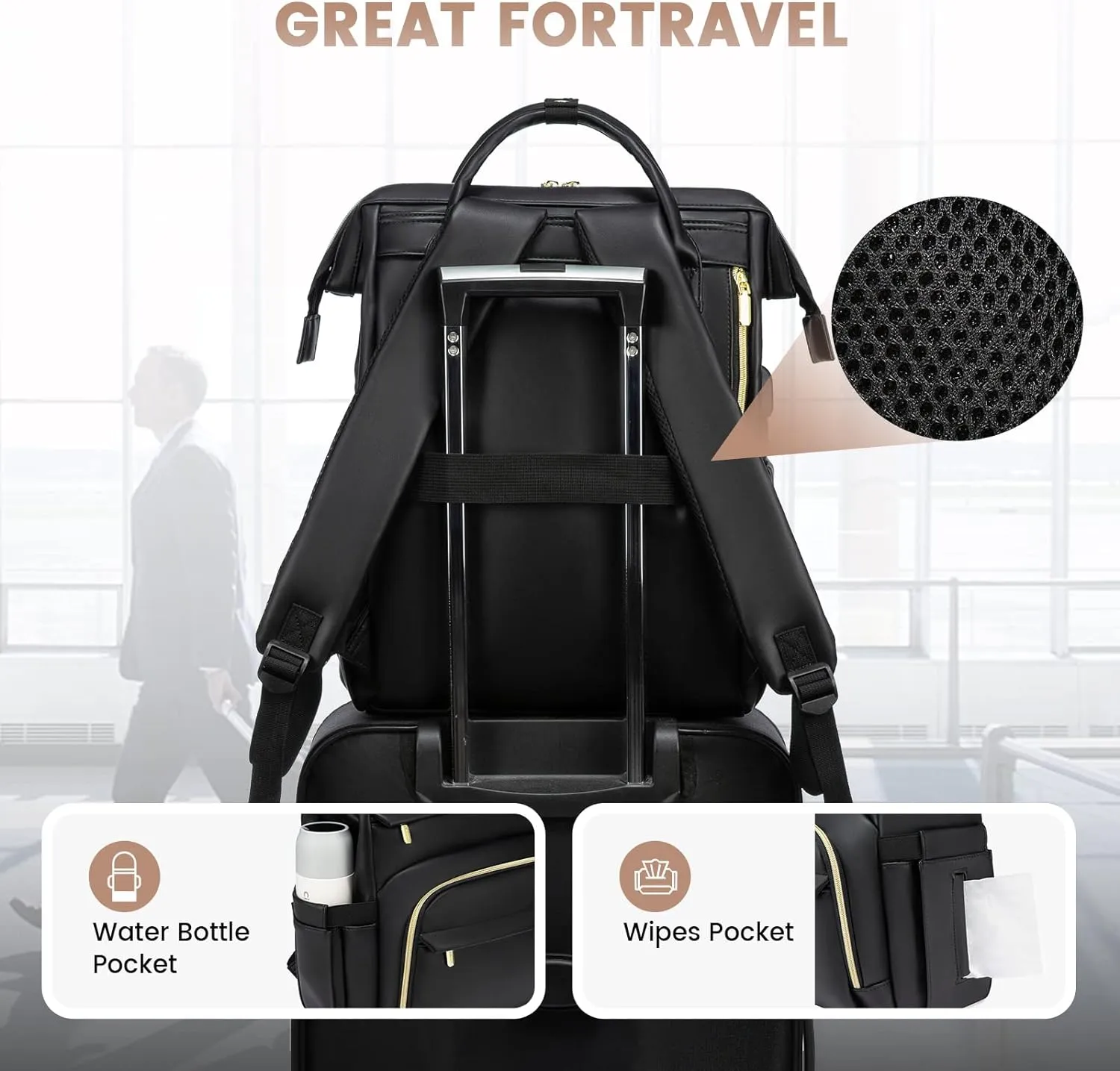 LOVEVOOK Leather Laptop Backpack for Women 15.6 inch,Travel Purse Nurse Teacher Computer Bag,Professional College Business Work Bags Carry On with USB Port,Black