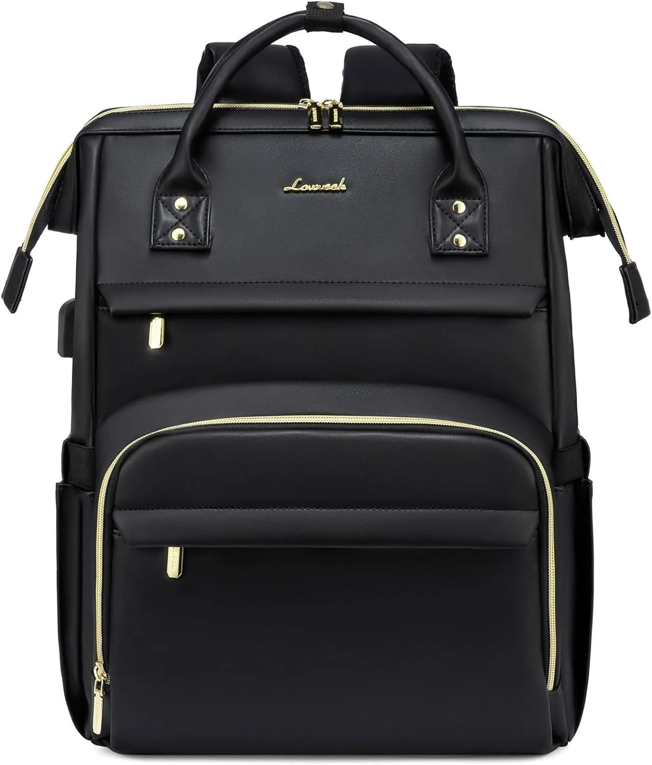 LOVEVOOK Leather Laptop Backpack for Women 15.6 inch,Travel Purse Nurse Teacher Computer Bag,Professional College Business Work Bags Carry On with USB Port,Black
