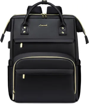 LOVEVOOK Leather Laptop Backpack for Women 15.6 inch,Travel Purse Nurse Teacher Computer Bag,Professional College Business Work Bags Carry On with USB Port,Black