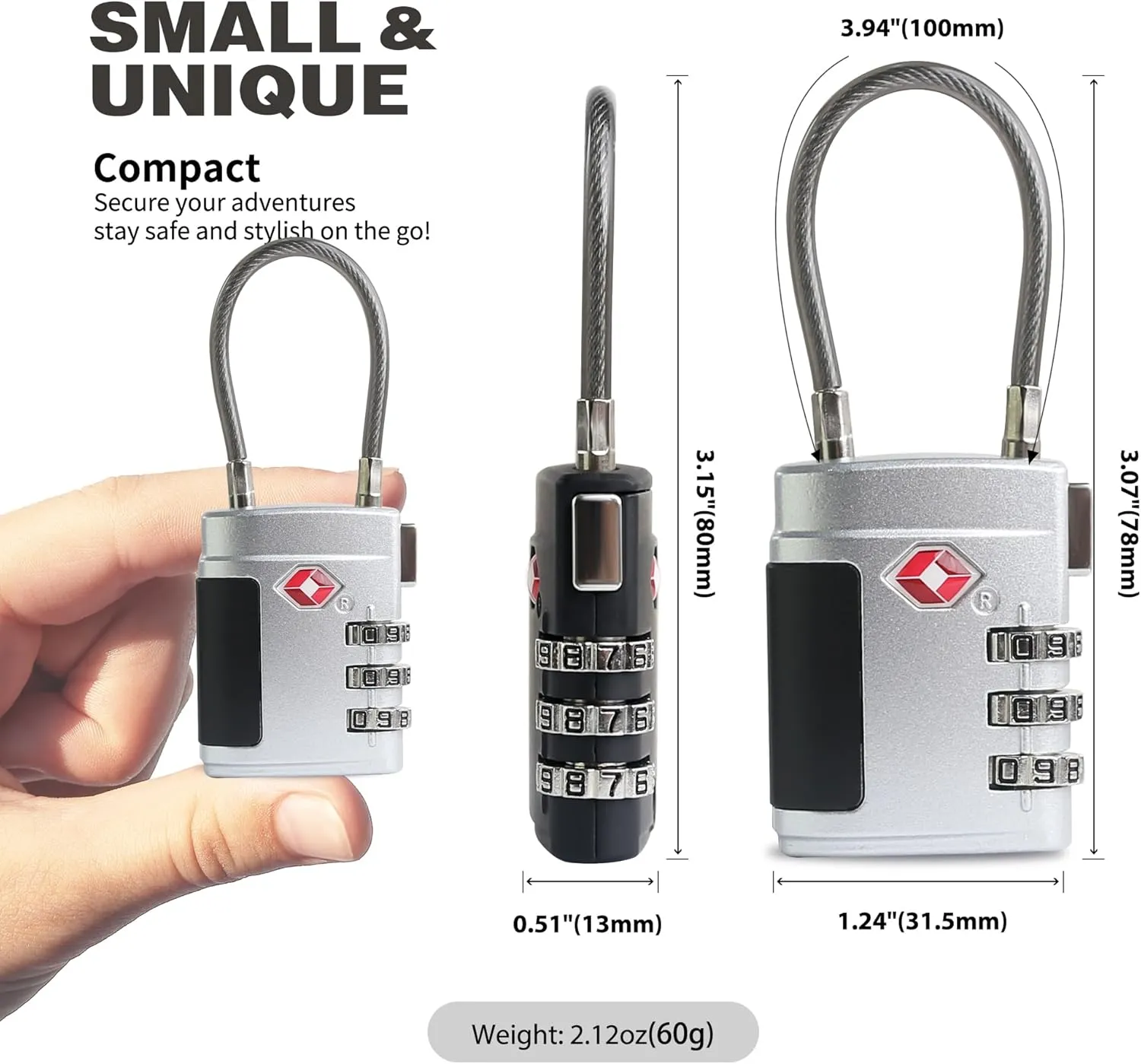 Luggage Locks TSA Approved 2 Pack, Small Combination Padlock, TSA Locks for Luggage, Combo Cabel Padlock for Travel Suitcase, Gym Locker, Gun Case, Ammo Can, Backpack Zipper (Black Silver)