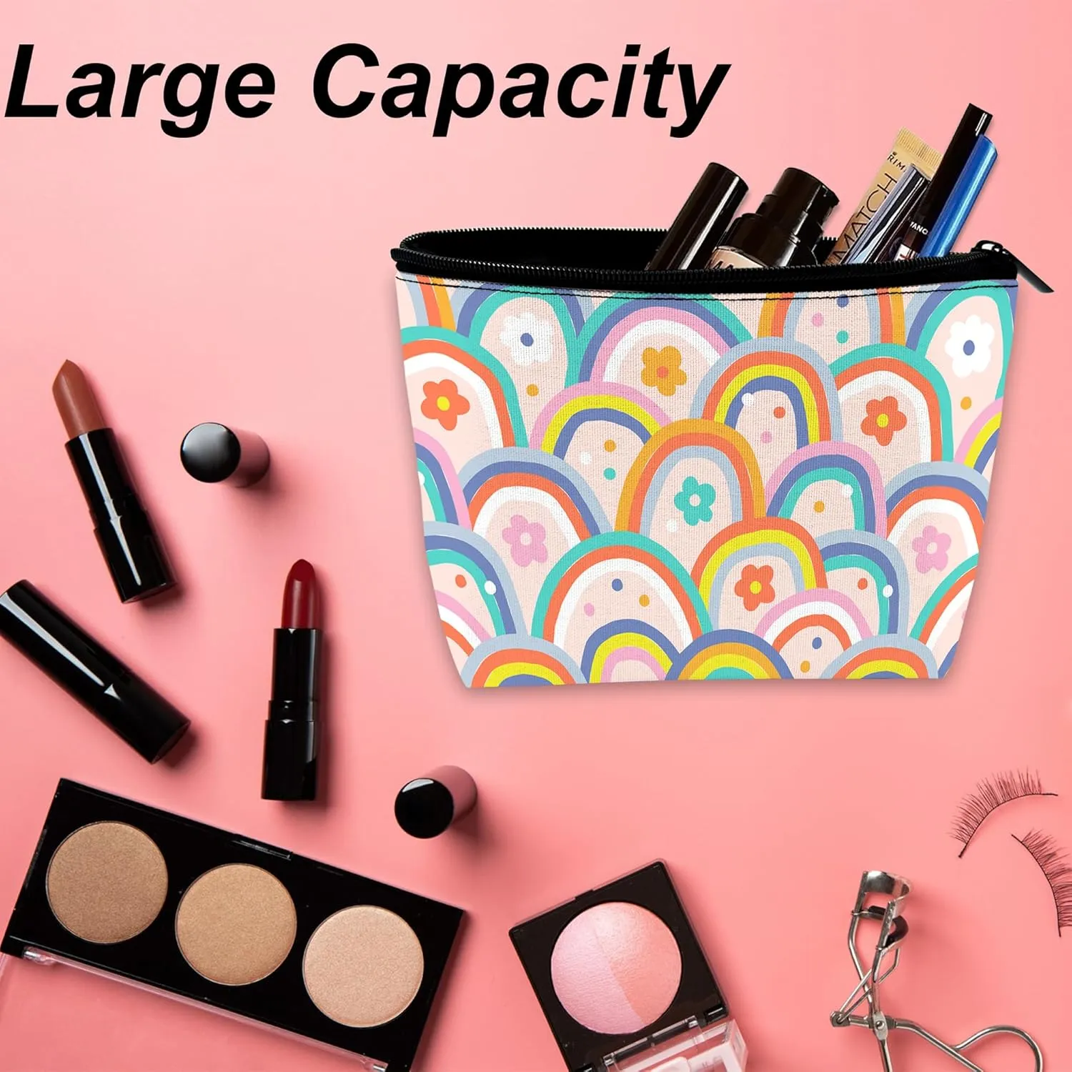 Makeup Bag for Purse, Waterproof Funny Boho Rainbow Cosmetic Bag for Women, Zipper Travel Toiletry Pouch Gift 9.55.9 Inch