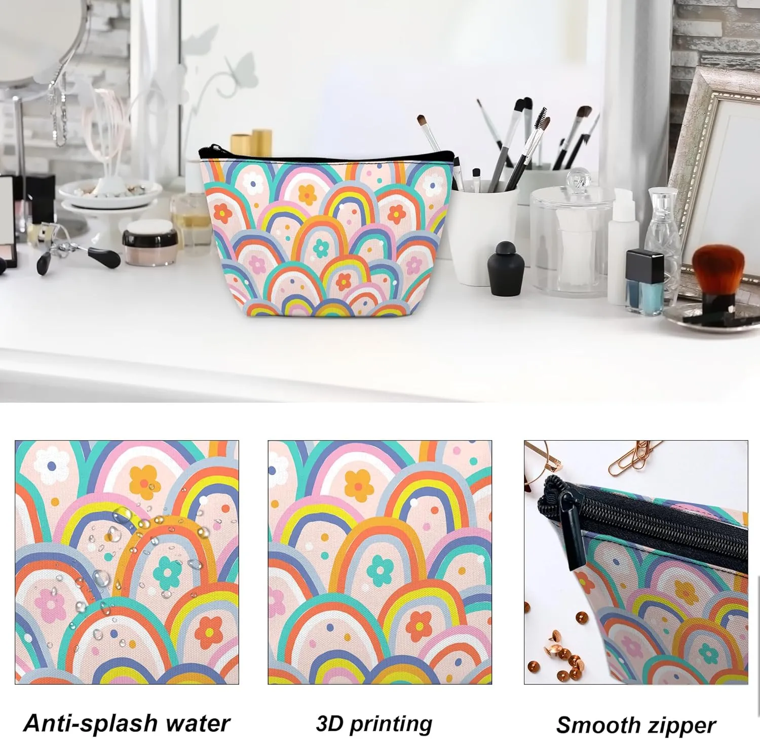 Makeup Bag for Purse, Waterproof Funny Boho Rainbow Cosmetic Bag for Women, Zipper Travel Toiletry Pouch Gift 9.55.9 Inch