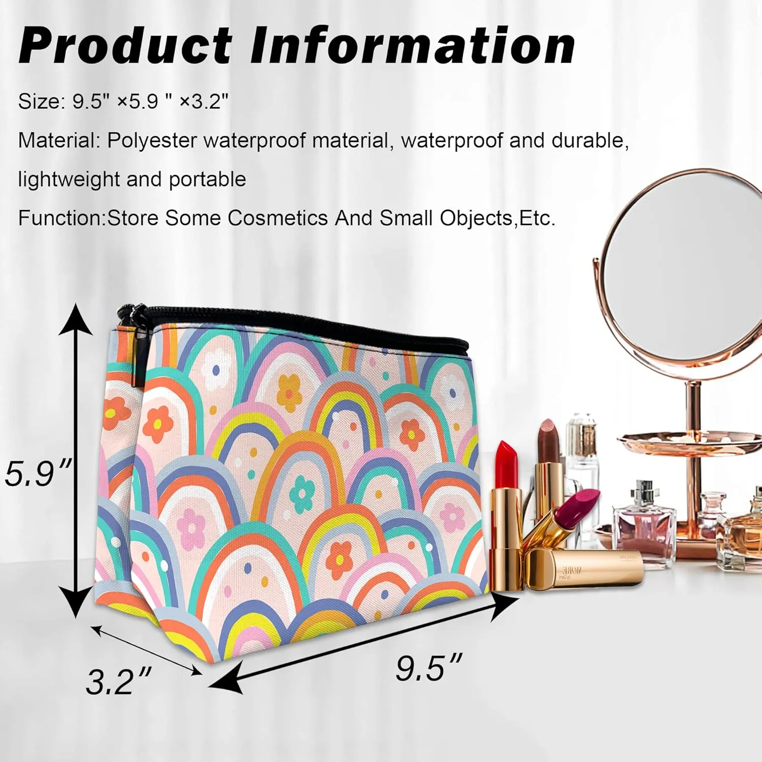 Makeup Bag for Purse, Waterproof Funny Boho Rainbow Cosmetic Bag for Women, Zipper Travel Toiletry Pouch Gift 9.55.9 Inch