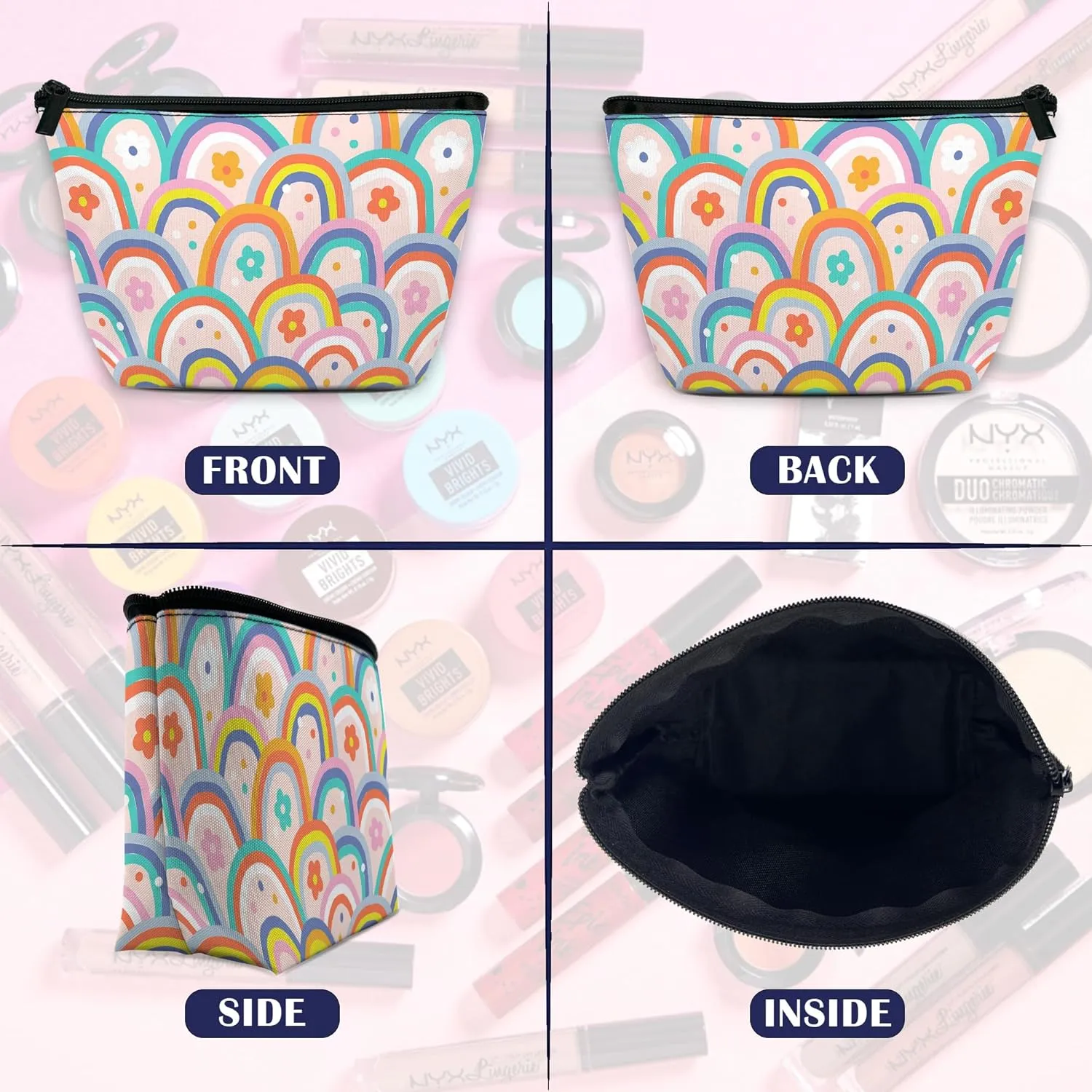 Makeup Bag for Purse, Waterproof Funny Boho Rainbow Cosmetic Bag for Women, Zipper Travel Toiletry Pouch Gift 9.55.9 Inch