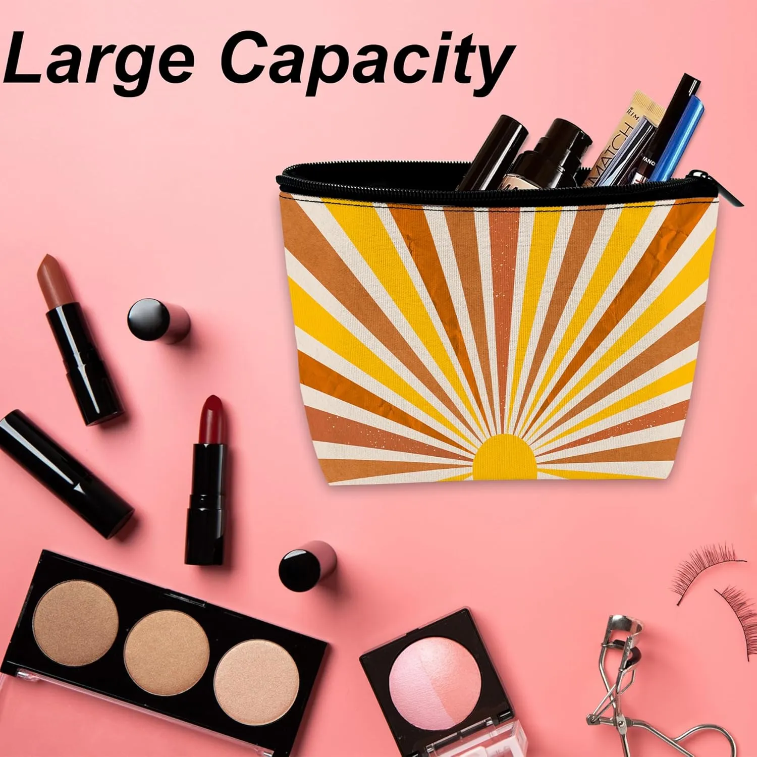 Makeup Bag for Purse, Waterproof Funny Vintage Boho Sun Cosmetic Bag for Women, Zipper Travel Toiletry Pouch Grunge Sunburst Gift 9.55.9 Inch