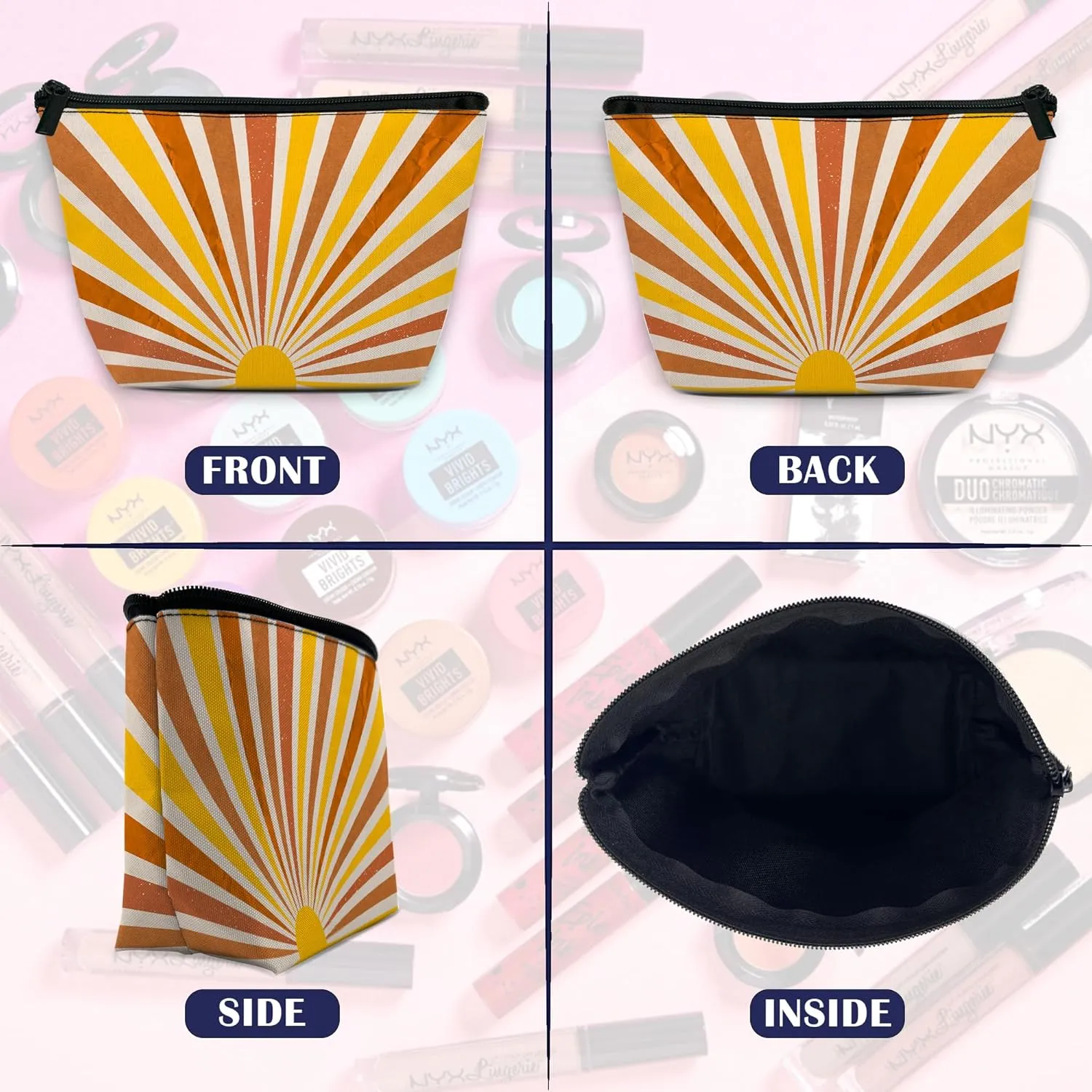 Makeup Bag for Purse, Waterproof Funny Vintage Boho Sun Cosmetic Bag for Women, Zipper Travel Toiletry Pouch Grunge Sunburst Gift 9.55.9 Inch