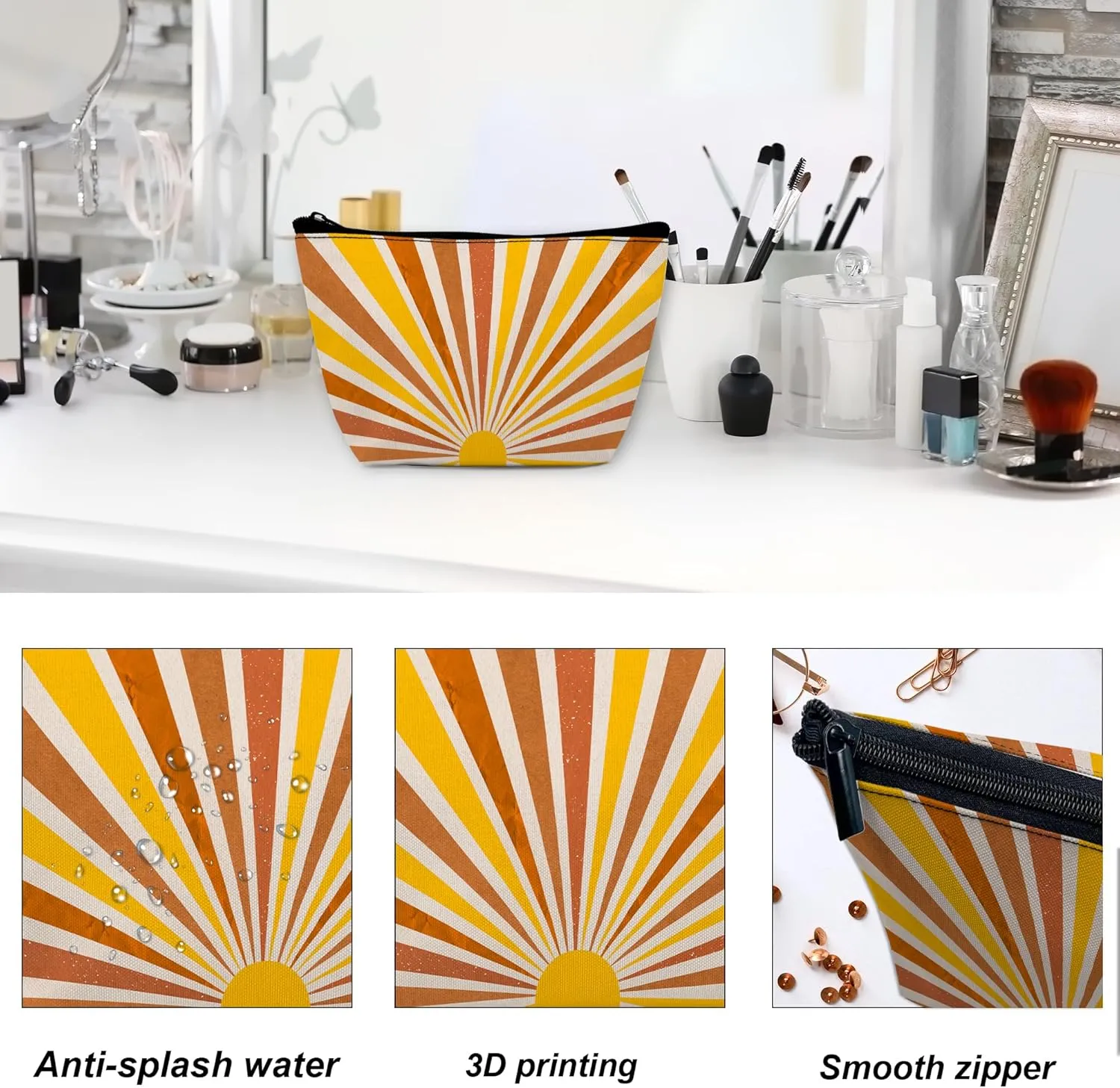 Makeup Bag for Purse, Waterproof Funny Vintage Boho Sun Cosmetic Bag for Women, Zipper Travel Toiletry Pouch Grunge Sunburst Gift 9.55.9 Inch