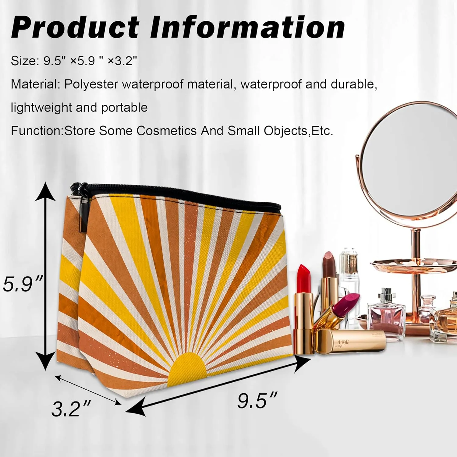 Makeup Bag for Purse, Waterproof Funny Vintage Boho Sun Cosmetic Bag for Women, Zipper Travel Toiletry Pouch Grunge Sunburst Gift 9.55.9 Inch