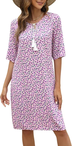 Manydress Womens Summer Tie Neck Dress Casual Floral Print Shift Boho T-Shirt Midi Dresses MY224