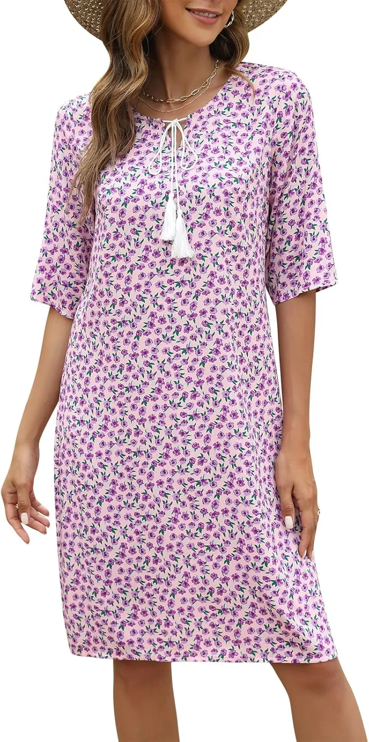 Manydress Womens Summer Tie Neck Dress Casual Floral Print Shift Boho T-Shirt Midi Dresses MY224