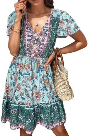 Melliflo Women's Boho Floral Mini Dress Summer V Neck Short Sleeve Ruffle A Line Dress Hawaii Beach Vacation Short Sundress